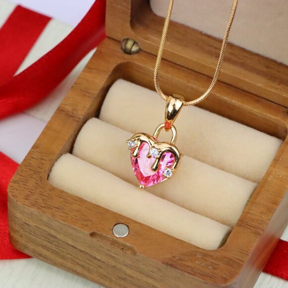 "Heart Drip Pink Pendant in Gold Finish Romantic Charm, XPPT1698 - Picture 5 of 13
